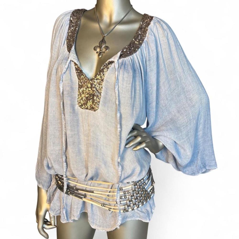 Y2K Blue Sequin Tunic Top Bell Sleeve Boho Italian Made! ✨✨
